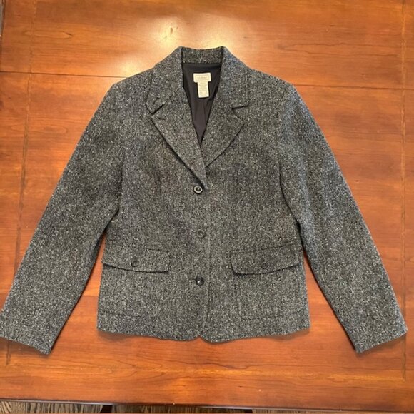 LL Bean Women's Gray 3 Button Jacket Herringbone Wool Silk Pockets Size M - Picture 3 of 9